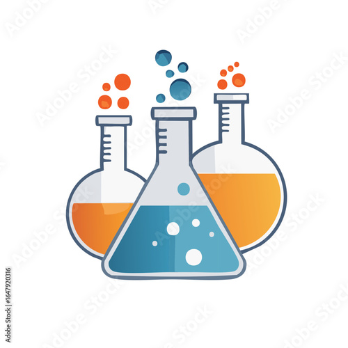 Illustration of colorful laboratory flasks with bubbling liquids and chemical reactions