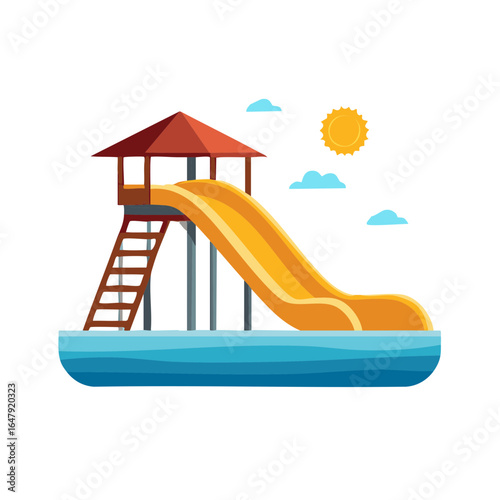 Colorful water slide at a summer water park with a bright sun and clouds