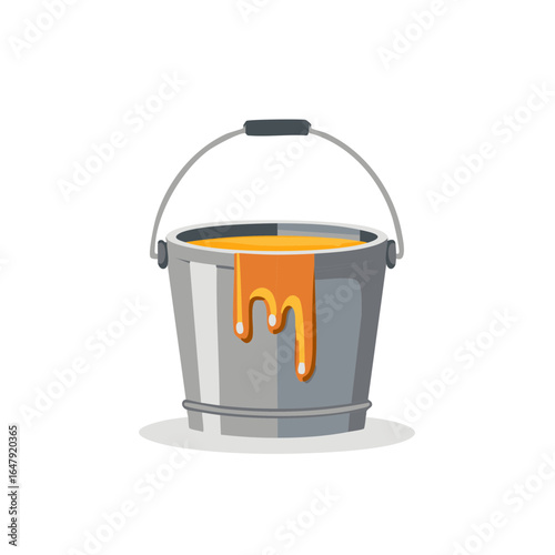 Gray metal bucket filled with orange paint dripping down the side vector graphic