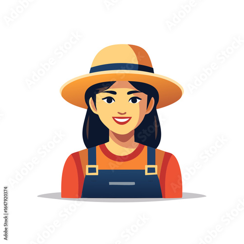 Cartoon style farmer portrait: Young woman in overalls and straw hat smiling, friendly agriculture worker character