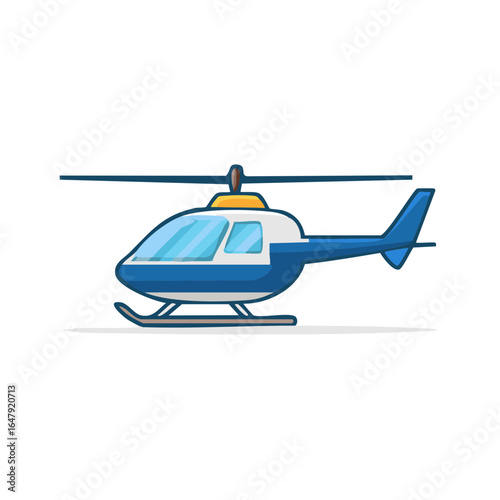 Cartoon helicopter illustration, blue and white design with rotor blades.