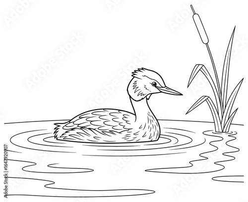 Cartoon grebe bird swimming on calm water near reed plants – black and white line art illustration for coloring