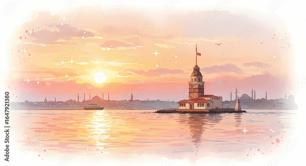 Fototapeta premium Sunset view of Maiden's Tower on water with colorful sky 