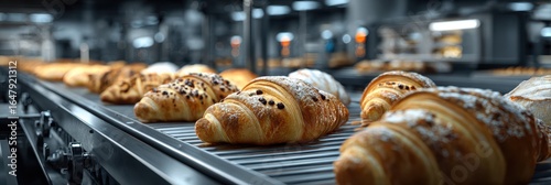 Freshly baked croissants on a conveyor belt in a bustling bakery during early morning hours