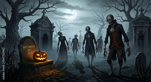 Spooky halloween scene with zombies in a cemetery