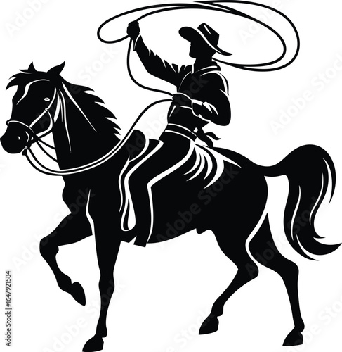 A Silhouette of a Cowboy Riding a Horse and Swinging a Lasso in the Air with Skill and Precision