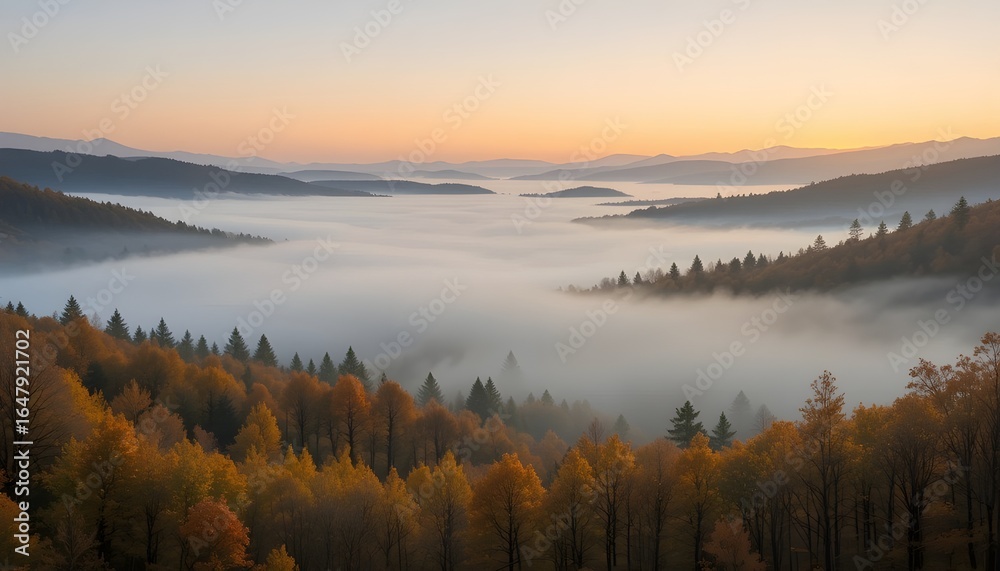 Fototapeta premium Fog rolling through a valley of golden autumn trees, with distant hills fading into the horizon.