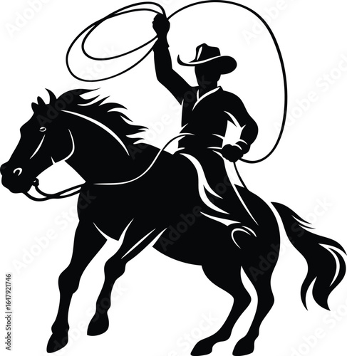 Cowboy Riding Horse Lassoing Silhouette Symbol of the American West Equestrian Sports and Western Culture Black and White Vector Illustration