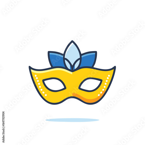 Masquerade mask with decorative blue feather embellishment and yellow design