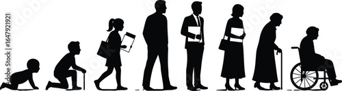 Human life stages silhouette, from baby crawling to elderly in wheelchair, growth and aging process, vector people evolution illustration