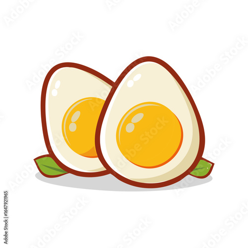 Two halved hard boiled eggs vector illustration breakfast protein leaf garnish simple cartoon flat design
