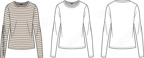 long sleeve shirt cad, striped crewneck top, plain white tee front back, vector clothing template, casual fashion garment sketch illustration