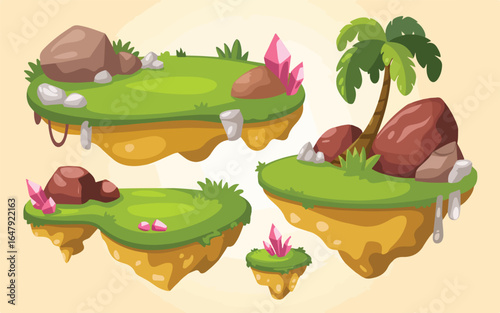 Tropical island landscape vector with palm trees, sandy beach, and ocean waves under a summer sky
