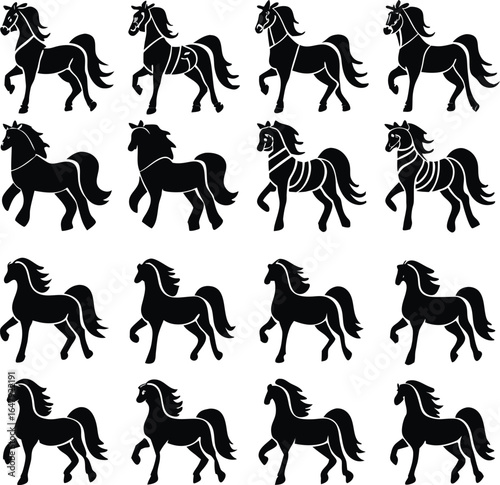 Elegant Black Horse Silhouettes in Various Poses A Collection of Stylized Equine Illustrations for Art and Design Purposes
