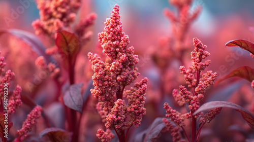 close up of red and pink quinoa plants in a high altitude field at sunset