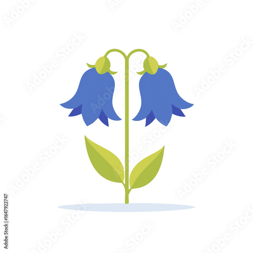 Isolated illustration of two bluebell flowers with green stem and leaves on a simple white background
