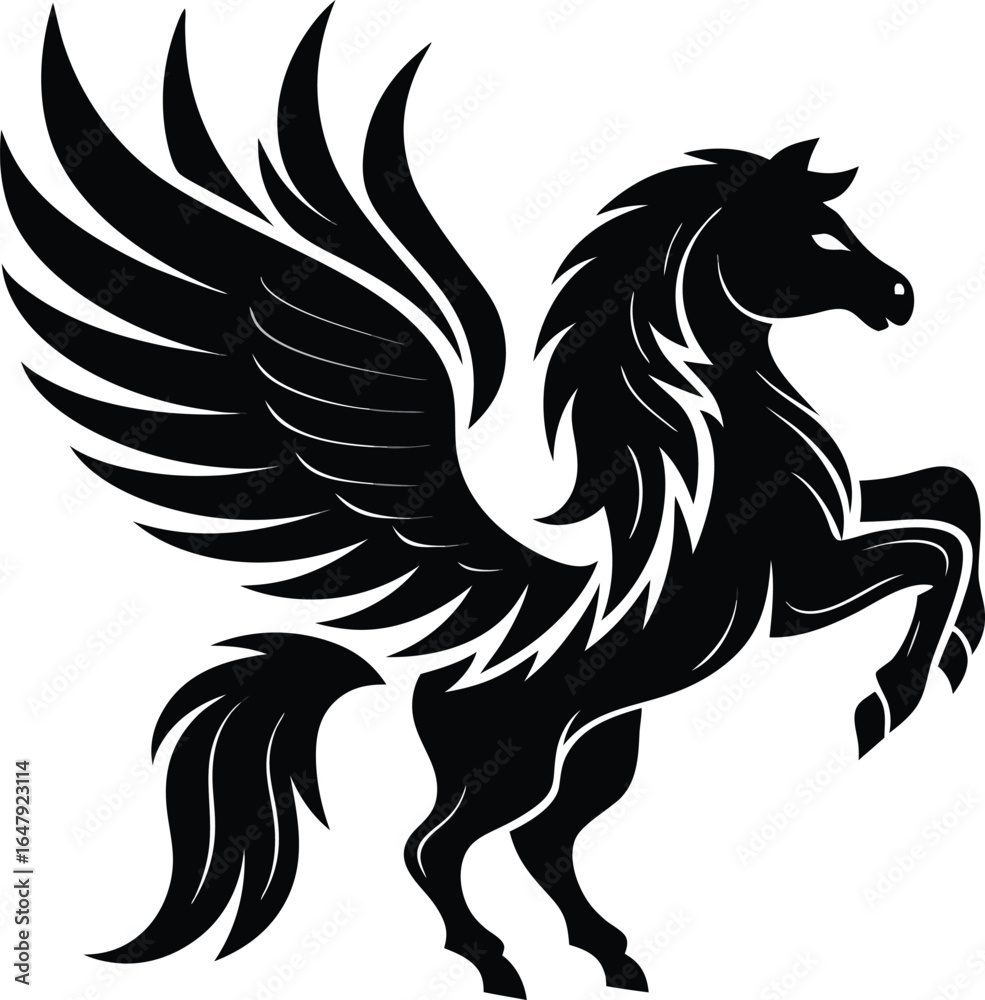 Fototapeta premium Majestic Black Pegasus Rearing Illustration Symbol of Mythical Power and Freedom Classic Heraldic Imagery Perfect for Logos and Designs
