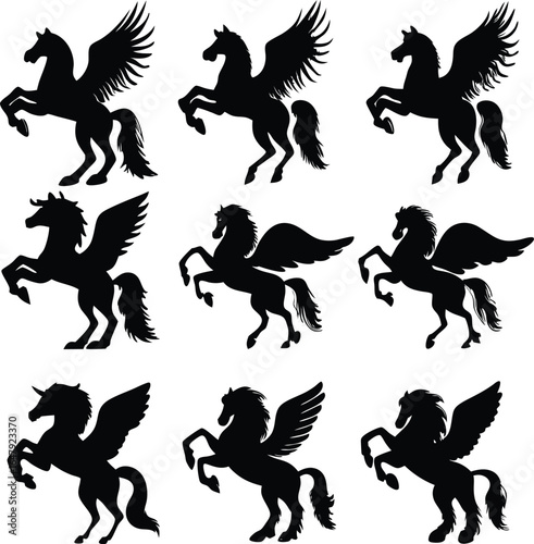 Elegant Pegasus Silhouettes a Collection of Mythical Creatures in Dynamic Poses Against White Backdrop Magical and Majestic