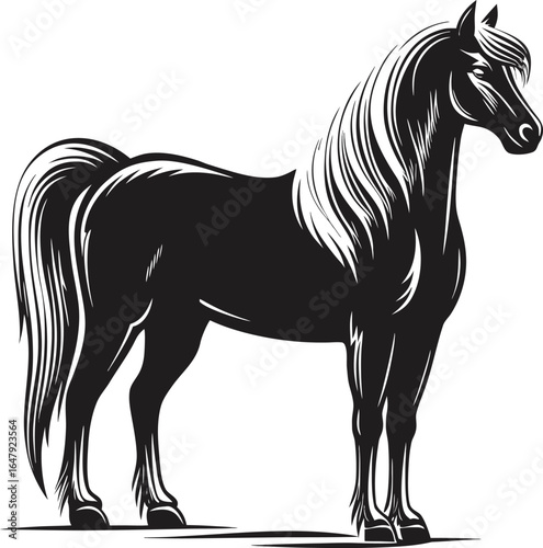 Majestic Arabian Stallion Silhouette Graceful Black and White Illustration of a Noble Horse in Powerful Stance Exuding Elegance