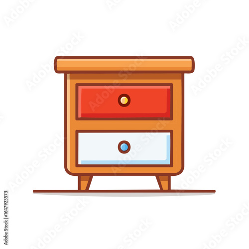 Cartoon illustration of a wooden bedside table with two colorful drawers. Home furniture icon.