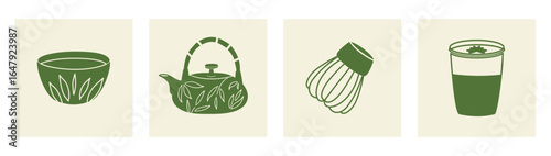 Set of illustrations featuring matcha tea, latte, whisk, cup, and teapot. Perfect for cafes, tea brands.