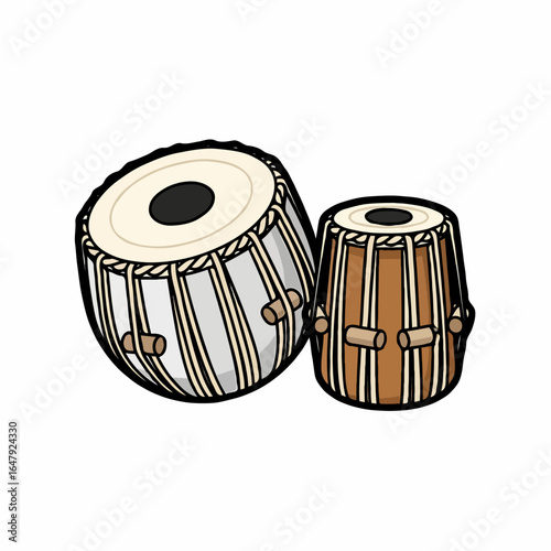 A detailed illustration of a tabla set, the traditional Indian percussion hand drums used in classical music.