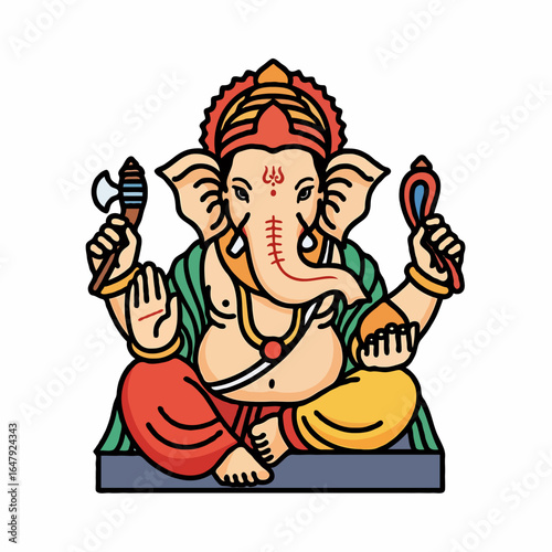 Colorful cartoon-style Ganesha illustration, Hindu deity of wisdom and new beginnings, a symbol of good fortune and remover of obstacles.