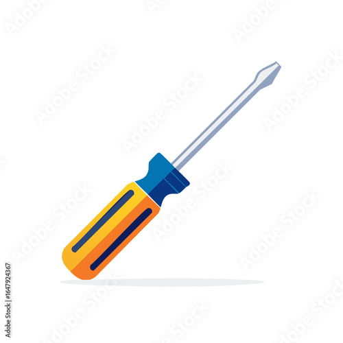 Flathead screwdriver with a blue and yellow handle, tool for repairs and construction and home improvement