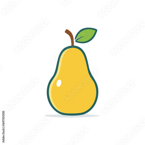 Simple cartoon yellow pear with green leaf and stem vector illustration