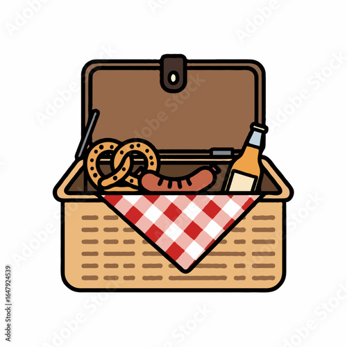 Cozy Picnic Basket Filled with Treats Pretzel, Sausage, Beer, and Checkered Cloth for a Lovely Outdoor Meal