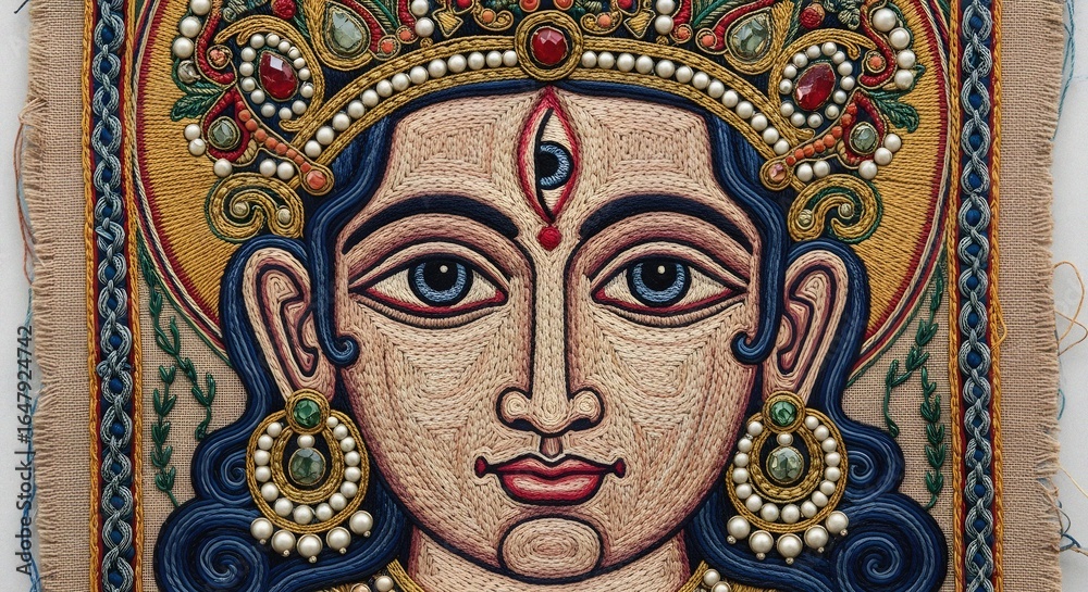 Obraz premium Embroidered Divine Portrait Goddess with Third Eye and Ornate Crown