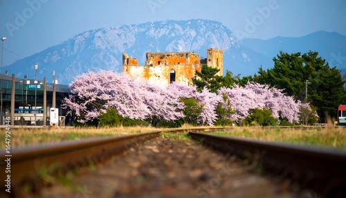Springtime railway scene with cherry blossoms and a ruin