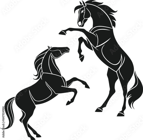 Dynamic Horse Duo A Silhouette Portrayal of Strength and Graceful Movement Celebrating Equine Beauty with Striking Contrast and Artistic Flair