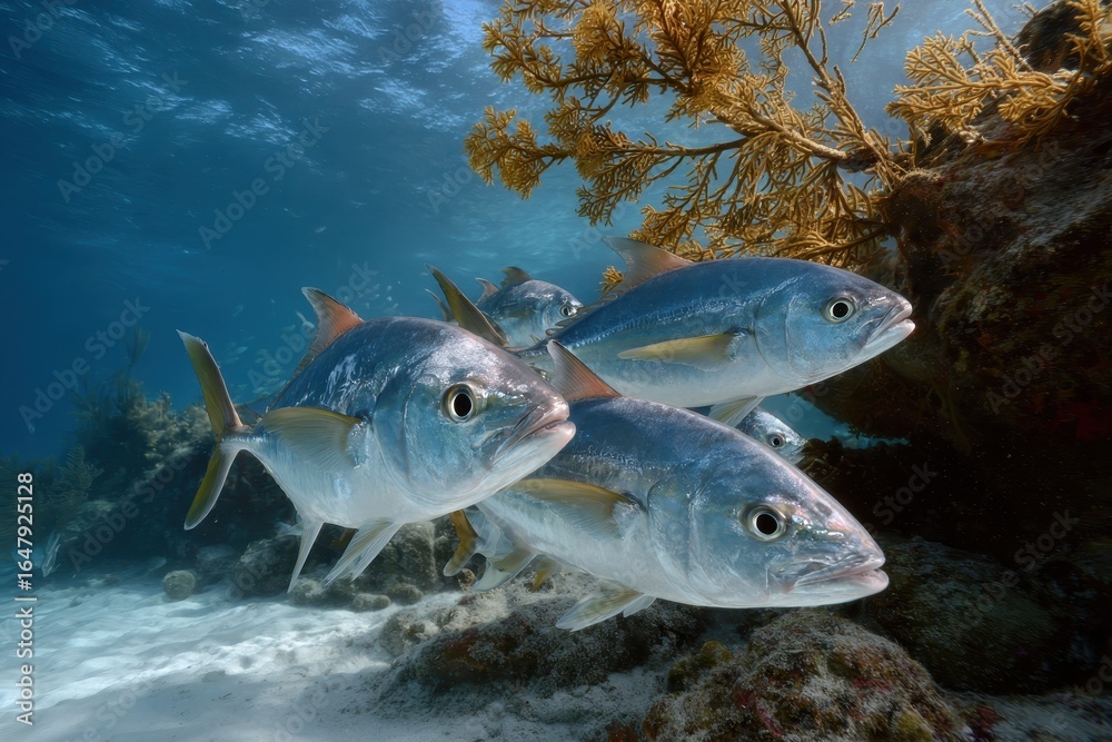 Naklejka premium School of yellowtail tuna gracefully swimming among coral reefs in crystal clear ocean waters of a vibrant marine ecosystem