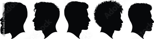 Male head silhouettes in profile view, various hairstyles, bearded and clean-shaven men, vector illustration, black shape, modern hairstyle design