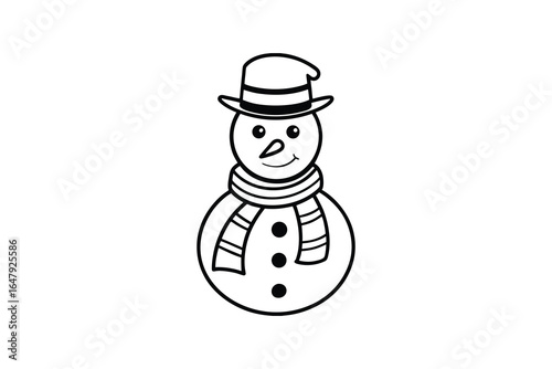 A happy snowman wearing a hat and scarf in a simple line drawing style silhouette