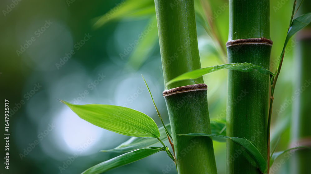 Fototapeta premium close up of two lush green bamboo stems against soft focus background