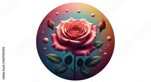 Stunning pink rose with buds blooms beautifully amidst dreamy pastel hues and floating spheres