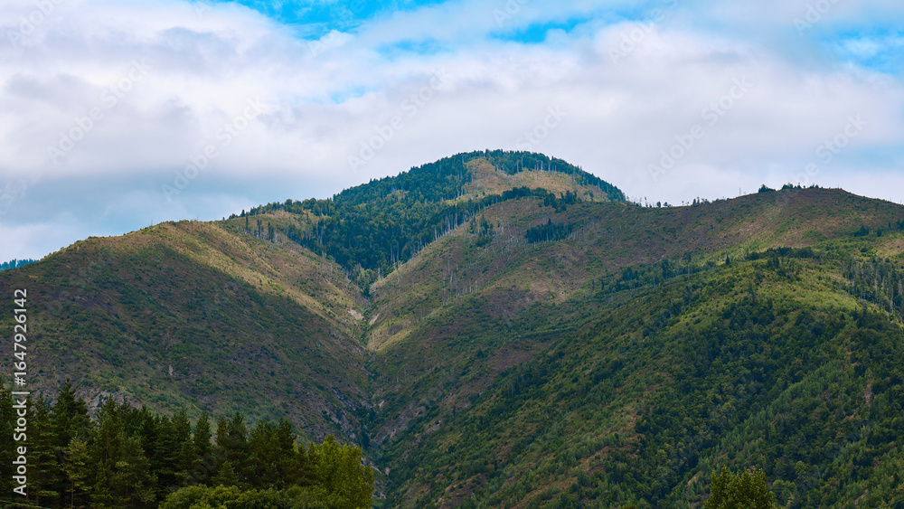 Naklejka premium hills under blue sky and clouds