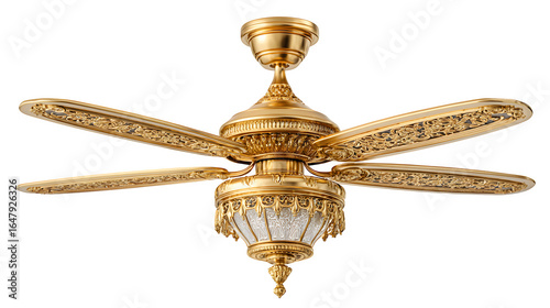 Exquisite antique gold ornate ceiling fan with detailed carvings and frosted glass light fixture