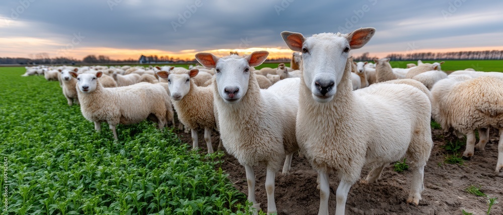 Obraz premium An inquisitive young lamb enjoys fresh grass in a tranquil forest as the sun sets, casting a warm glow on its surroundings