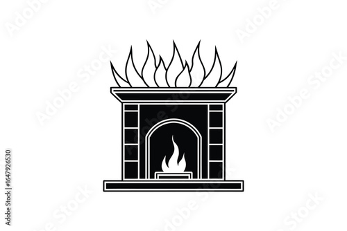 A black and white illustration of a fireplace with flames burning inside and above silhouette