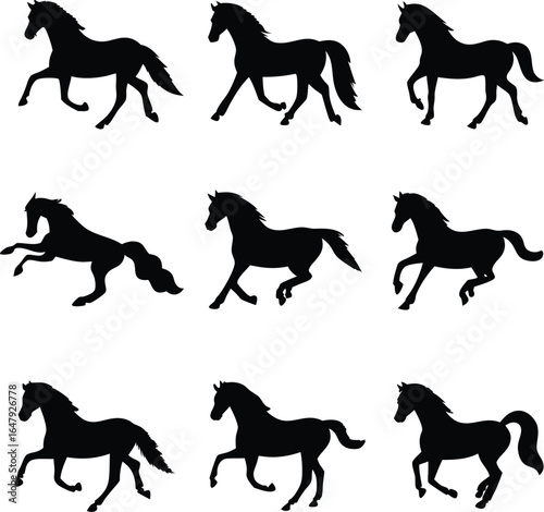 Equestrian Silhouettes A Dynamic Composition of Galloping Horses in Contrasting Black Against White A Study in Equine Movement and Form