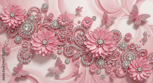 Exquisite pink floral and butterfly design adorned with sparkling diamonds, perfect for elegant decor and luxury branding.