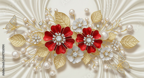 Luxurious floral arrangement with sparkling diamonds, pearls, and golden butterflies on elegant satin backdrop