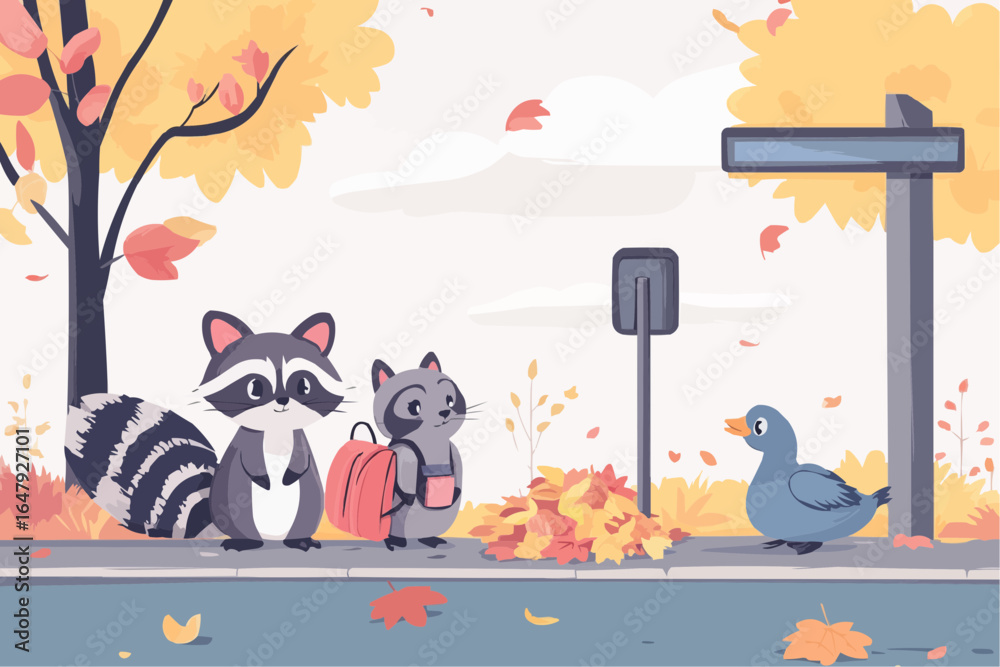 Obraz premium Two cute animals, raccoon and cat with backpack, waiting at bus stop, autumn leaves, friendly duck nearby, whimsical back to school scene