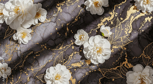 Elegant white camellia blossoms cascade across a luxurious dark marble surface with shimmering gold veins and delicate leaf outlines.