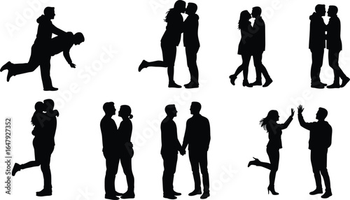 Romantic couple silhouettes in love, hugging, kissing, holding hands, romantic gesture, male and female, gay couple, relationship vector, black illustration
