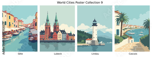 Sète , Lubeck , Lindau , Cascais  ci Flat Vector Poster Collection