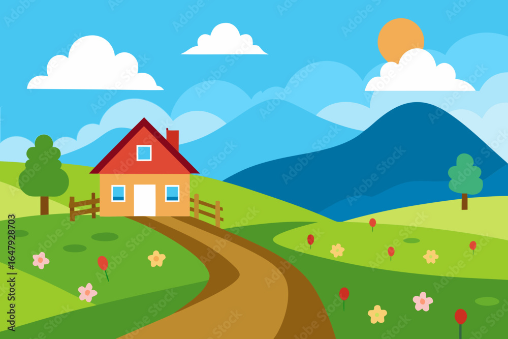 Fototapeta premium A lovely farmhouse on the hill vector illustration 